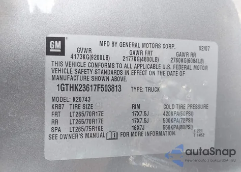 2007 GMC Sierra 2500Hd Slt from USA, damaged, VIN 1GTHK23617F503813